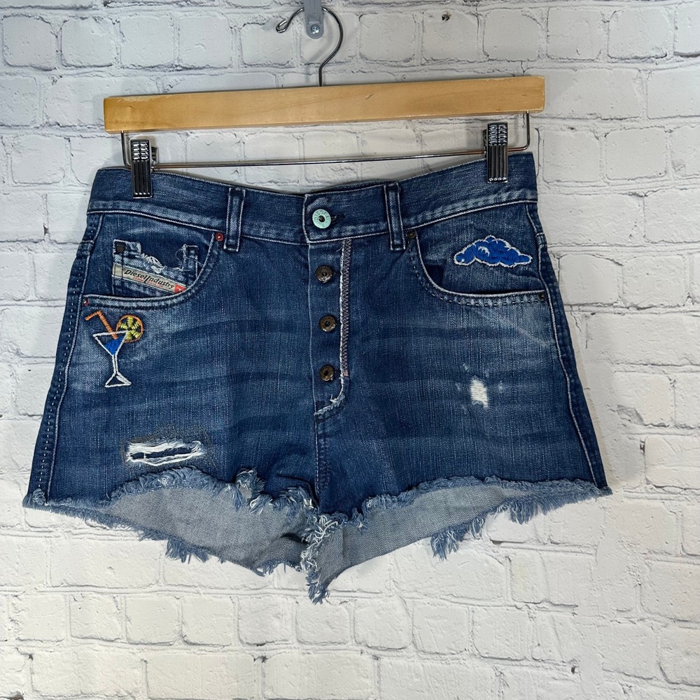 Diesel Industry Women Blue Embroidered Distressed Denim Cut Off Shorts Skull 28